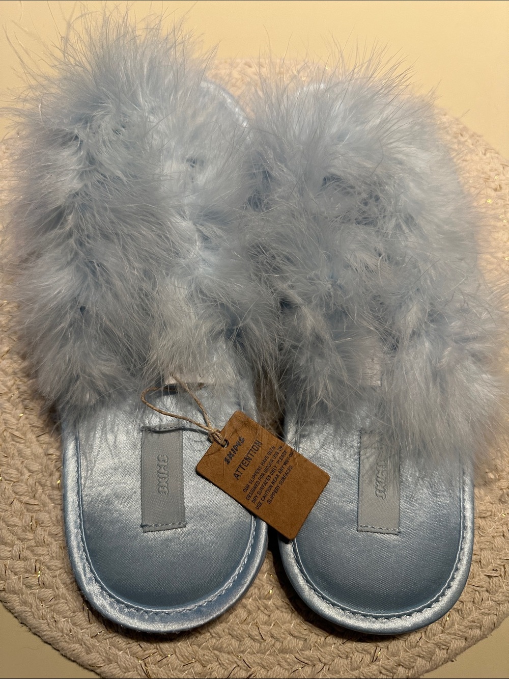 SKIMS Light Blue Satin Feather Slippers NWT